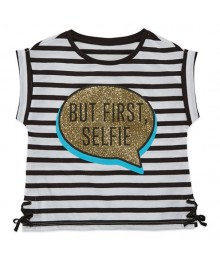 Total Girl Black/White Stripe Ss But First Selfie Sequin Tee 
